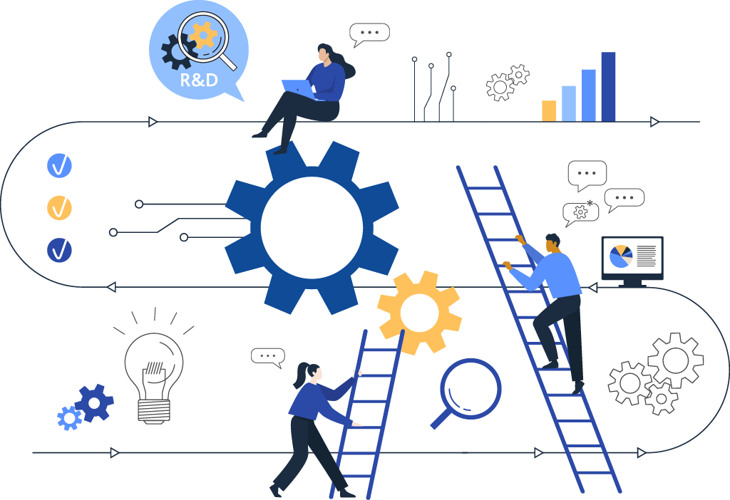 Illustration: Gears symbolize MEDlight's service, with figures conversing and aiding one another.